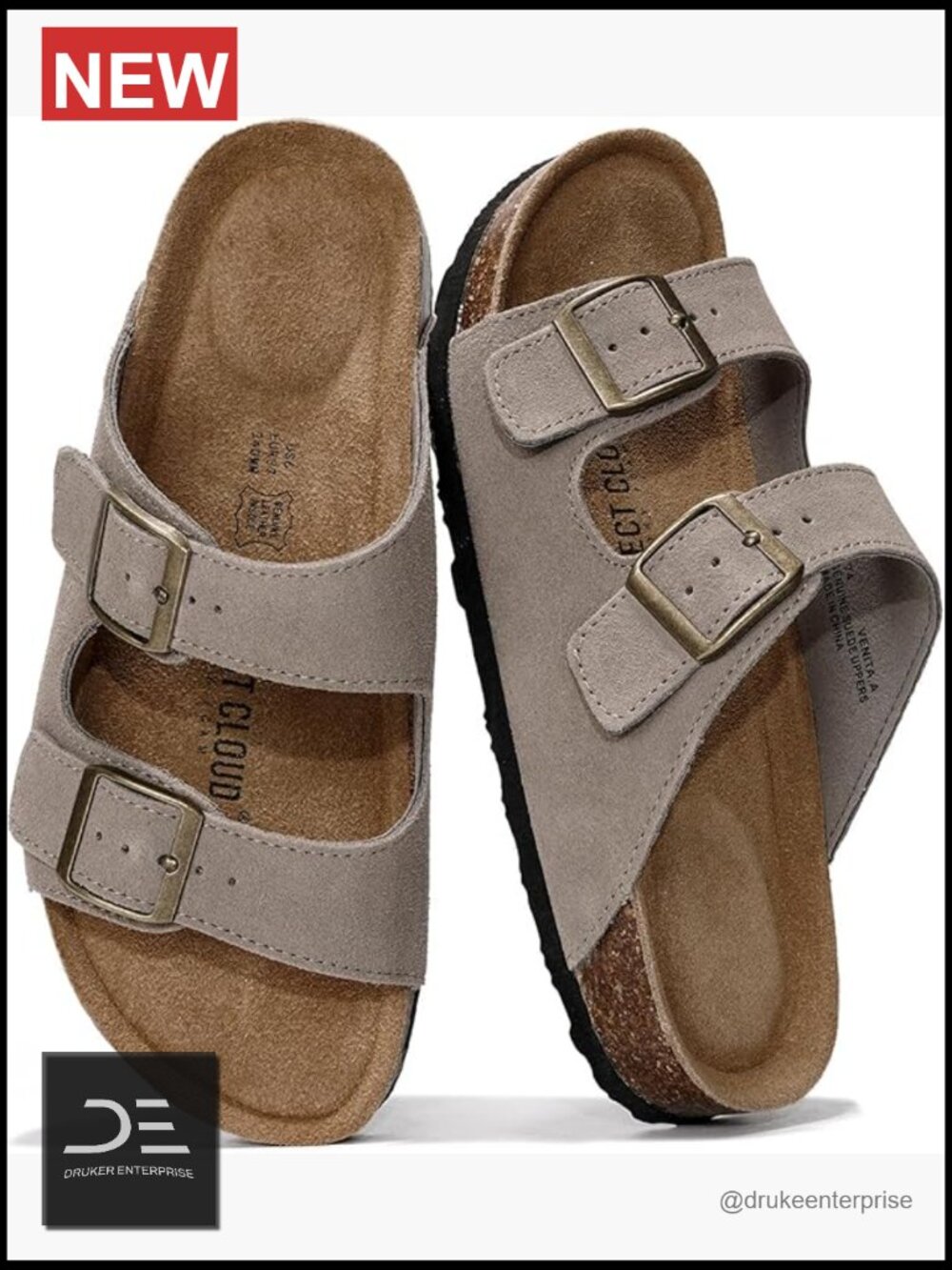 100% Genuine Leather Slide Sandals with Memory Foam Cork Footbed Arch Support